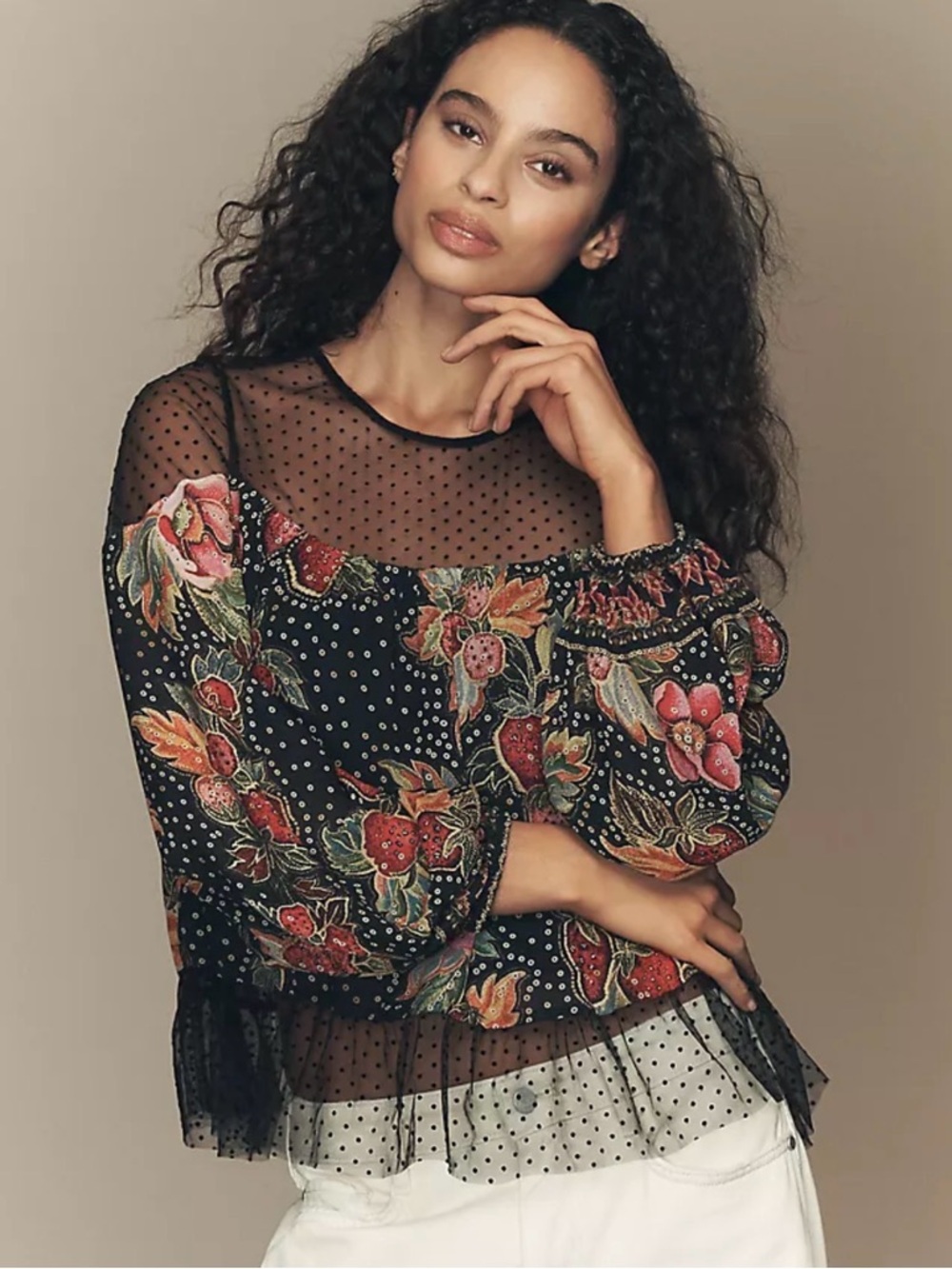 FARM Rio long sleeve sheer mesh top